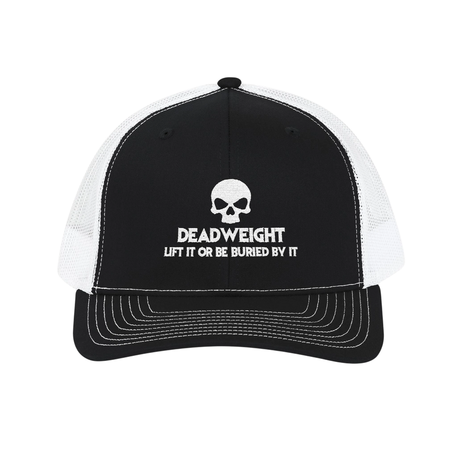 DailyThreadCo. black and white trucker cap with a skull logo and Deadweight text on the front mesh snapback hat.