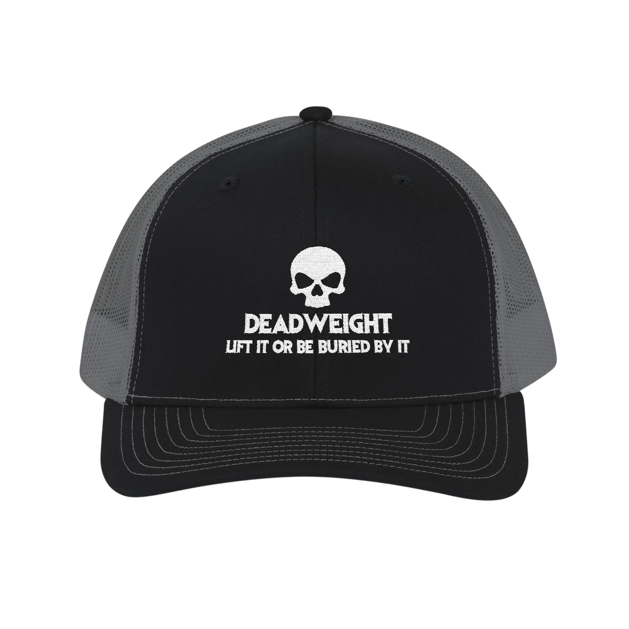 DailyThreadCo. black trucker cap with a white skull logo and Deadweight text, featuring a mesh back and snap closure.