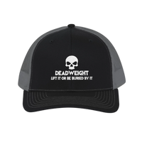 DailyThreadCo. black trucker cap with a white skull logo and Deadweight text, featuring a mesh back and snap closure.