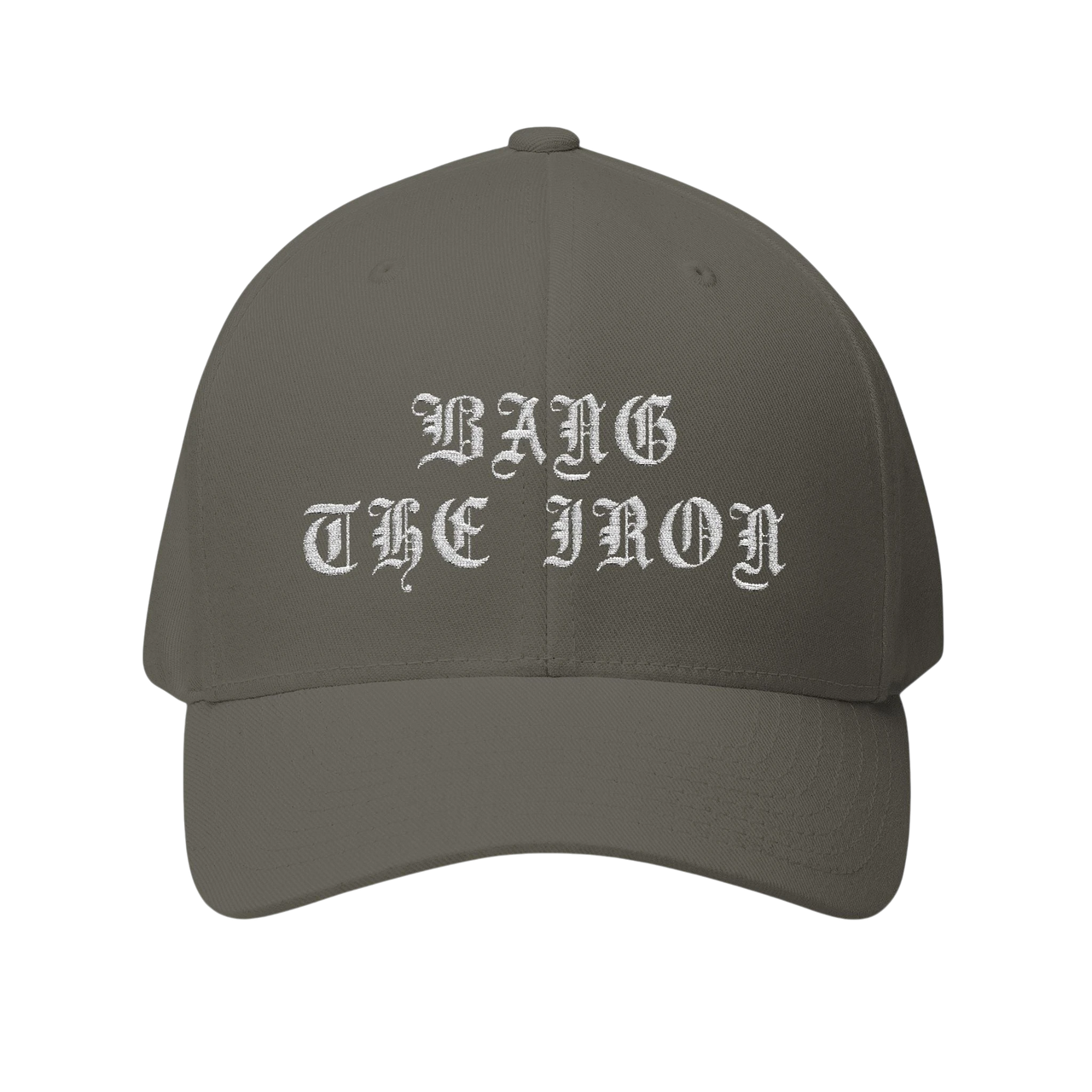 DailyThreadCo. structured FlexFit cap in grey twill with white gothic Bang the Iron embroidery on the front.