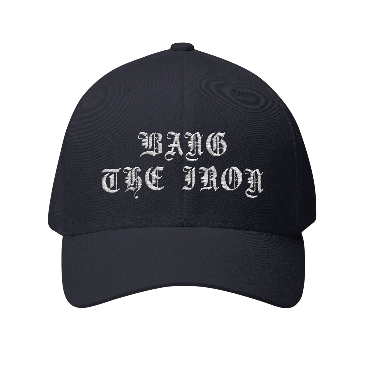 DailyThreadCo. black structured FlexFit cap with white gothic Bang the Iron embroidery on the front panel.
