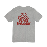DailyThreadCo. grey cotton t-shirt featuring Old School Plate Bangers text in red marker-style script on the back.