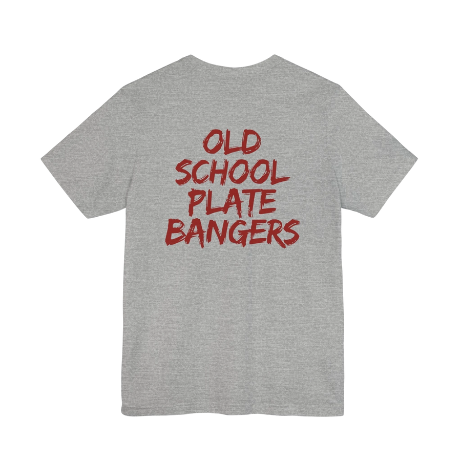 DailyThreadCo. grey cotton t-shirt featuring Old School Plate Bangers text in red marker-style script on the back.