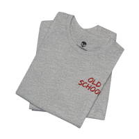 DailyThreadCo. grey cotton t-shirt with small red handwritten OLD SCHOOL text on the chest, folded flat.