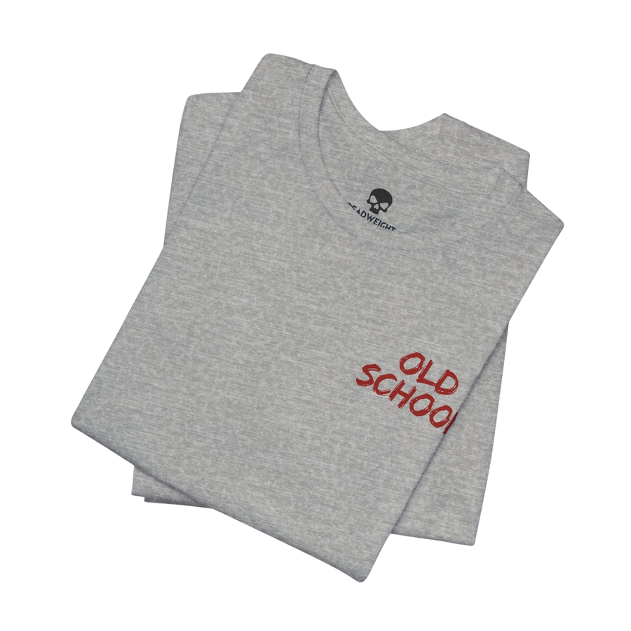 DailyThreadCo. grey cotton t-shirt with small red handwritten OLD SCHOOL text on the chest, folded flat.