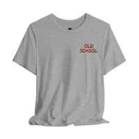 DailyThreadCo. grey lightweight cotton crew neck t-shirt with small red handwritten OLD SCHOOL text on the chest.