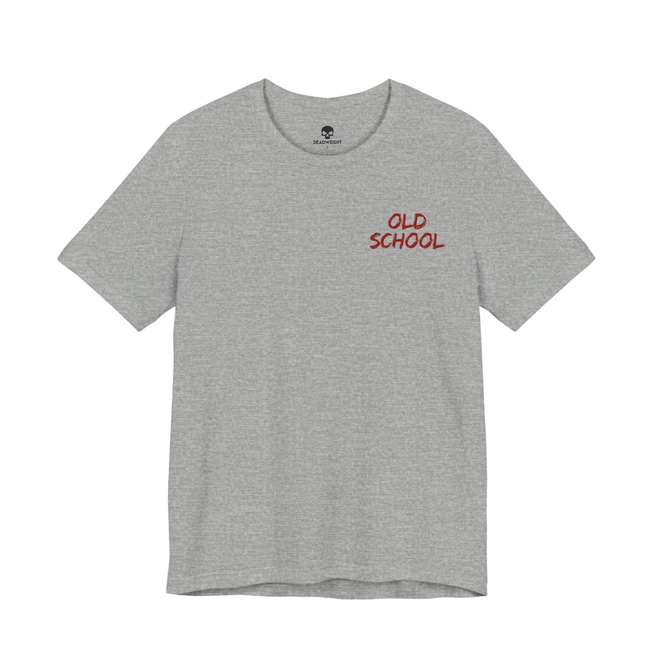 DailyThreadCo. grey lightweight cotton crew neck t-shirt with small red handwritten OLD SCHOOL chest graphic