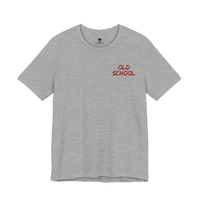 DailyThreadCo. grey lightweight cotton crew neck t-shirt with small red handwritten OLD SCHOOL chest graphic