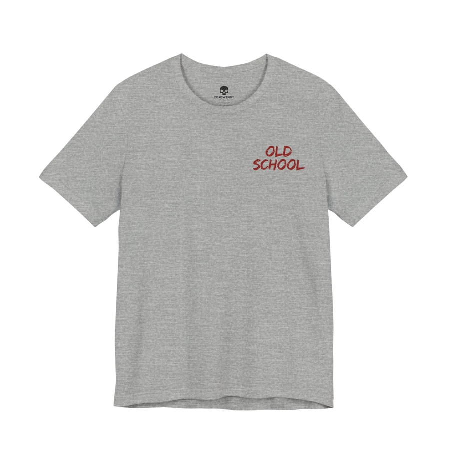 DailyThreadCo. grey lightweight cotton crew neck t-shirt with small red handwritten OLD SCHOOL chest graphic