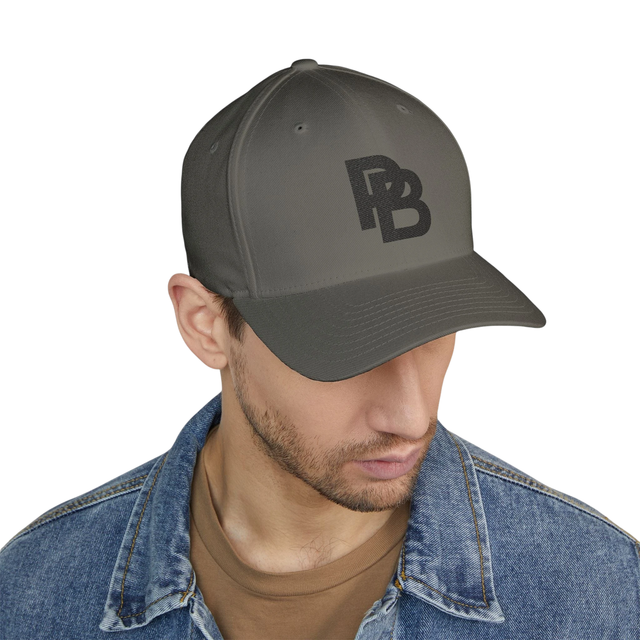 DailyThreadCo. structured grey FlexFit baseball cap with embroidered logo, worn by a man in a denim jacket.