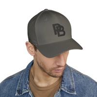 DailyThreadCo. structured grey FlexFit baseball cap with embroidered logo, worn by a man in a denim jacket.