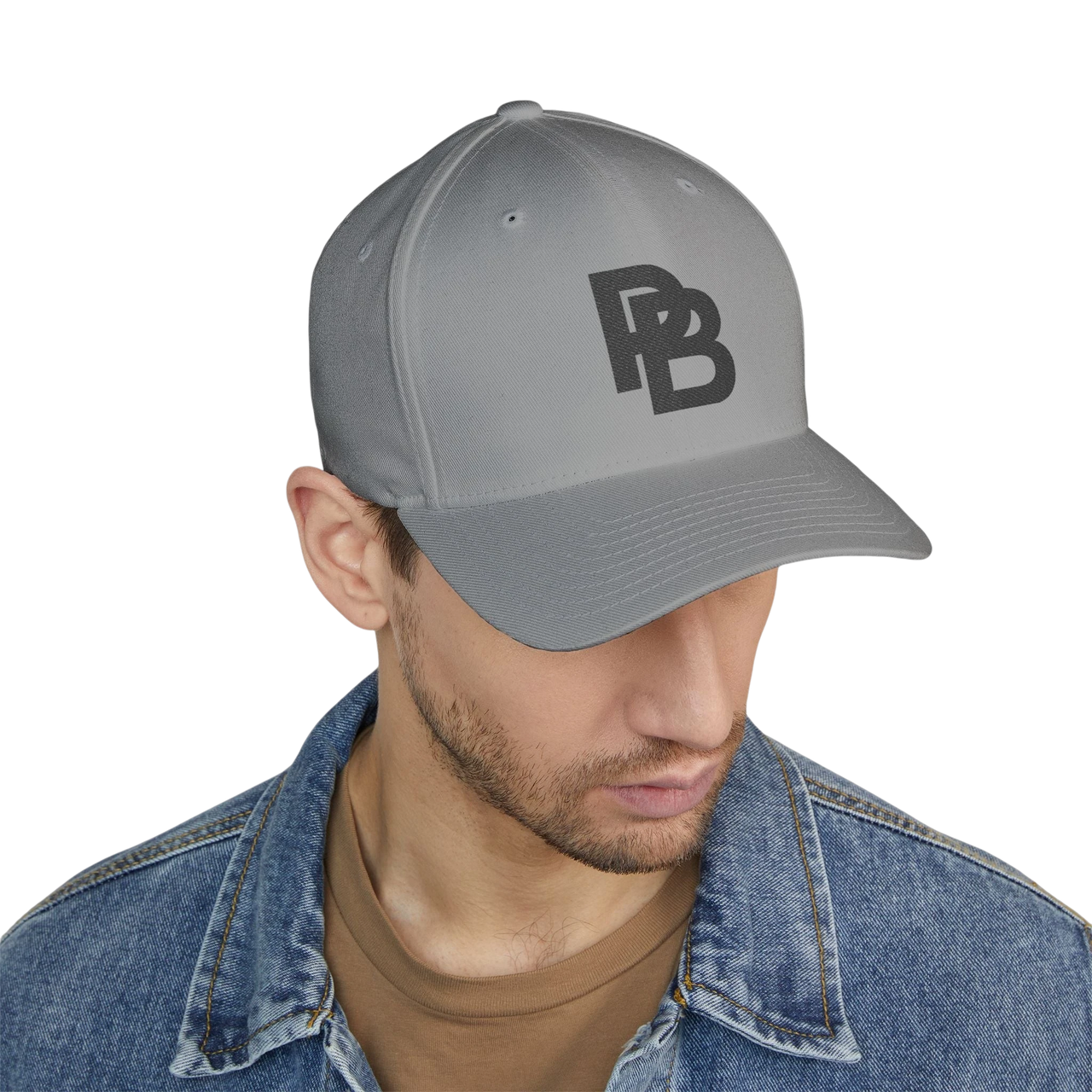 DailyThreadCo. grey structured FlexFit baseball cap with Plate Bangers logo embroidery worn by a man in a denim jacket.