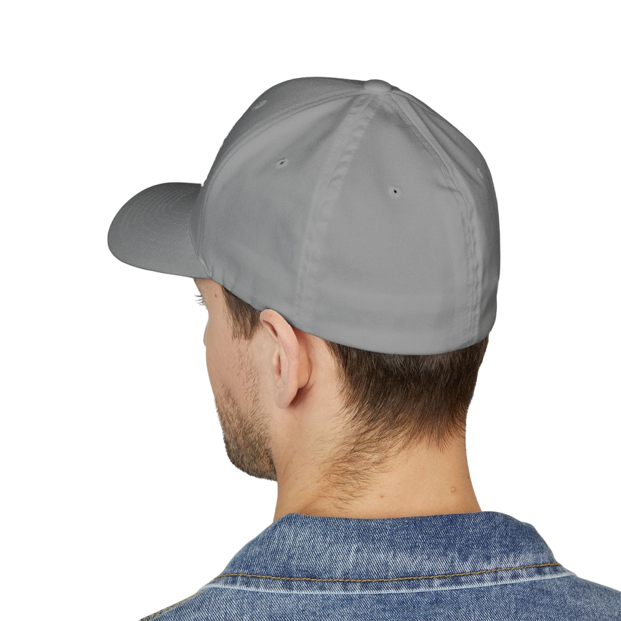 DailyThreadCo. grey structured FlexFit cap worn by a man, showing the back view of the six-panel twill hat.