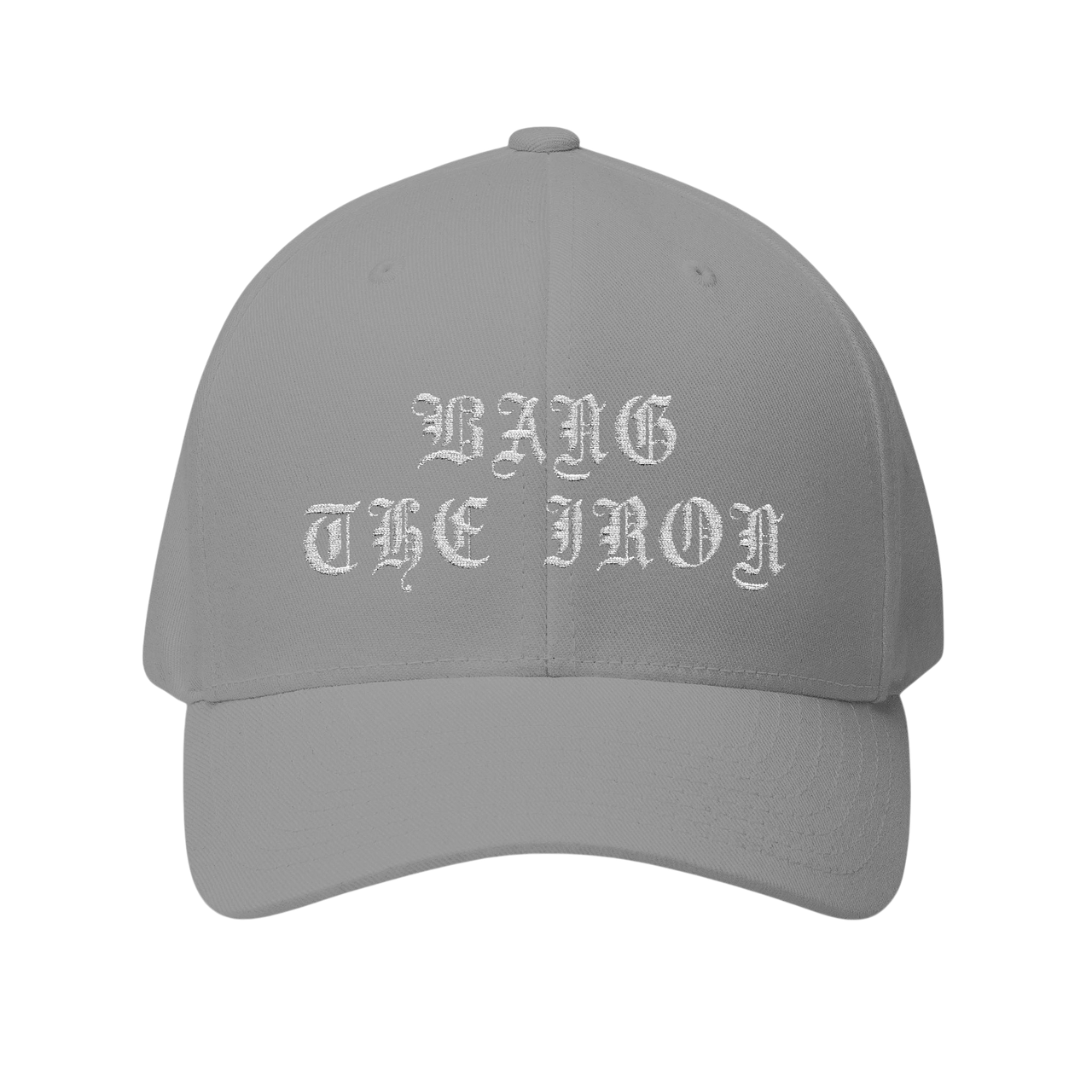 DailyThreadCo. grey structured FlexFit cap with white Bang the Iron gothic embroidery on the front panel.