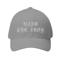 DailyThreadCo. grey structured FlexFit cap with white Bang the Iron gothic embroidery on the front panel.