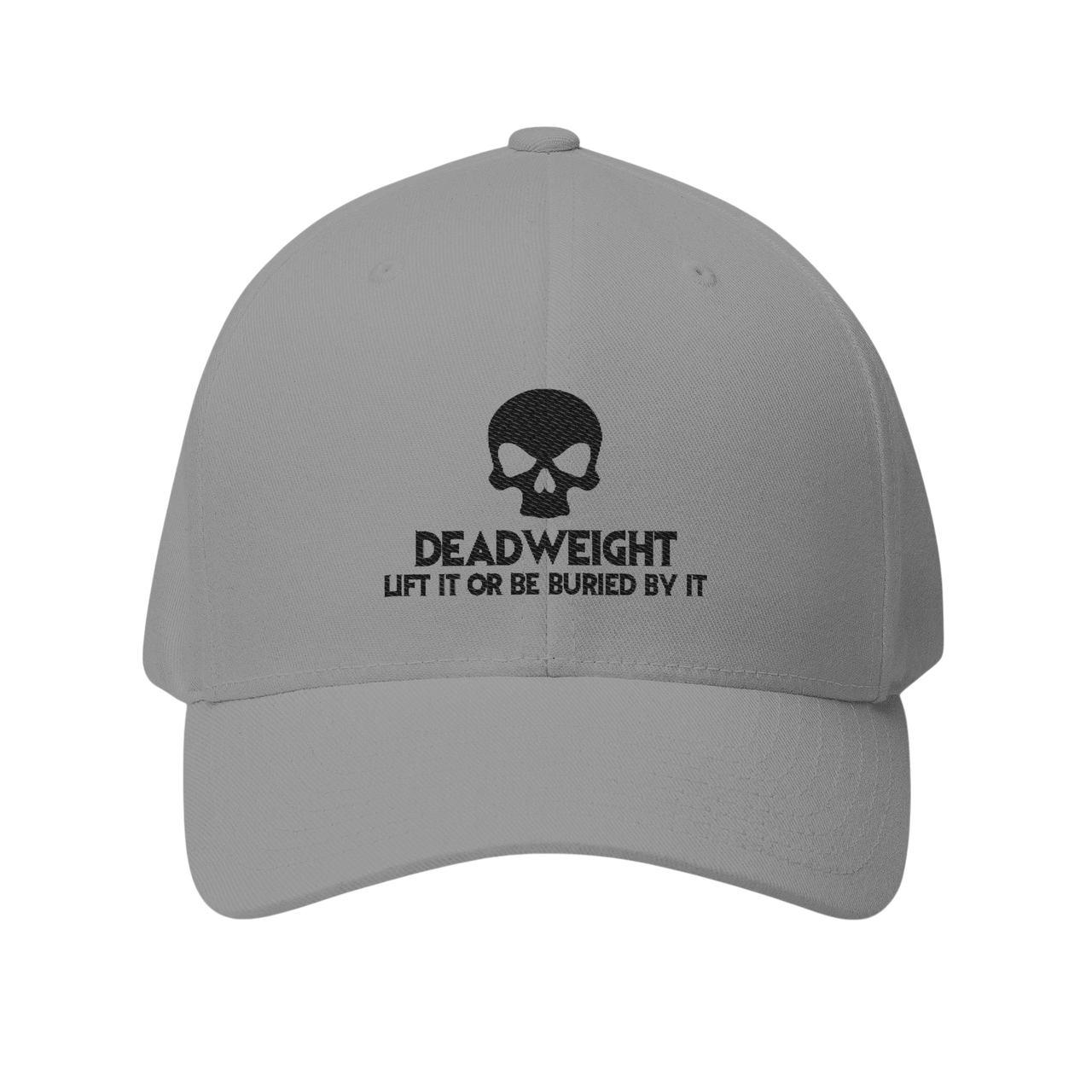 DailyThreadCo. grey structured cap with black embroidered skull and Deadweight slogan for gym and weightlifting.