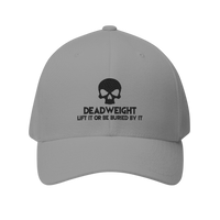 DailyThreadCo. grey structured cap with black embroidered skull and Deadweight slogan for gym and weightlifting.