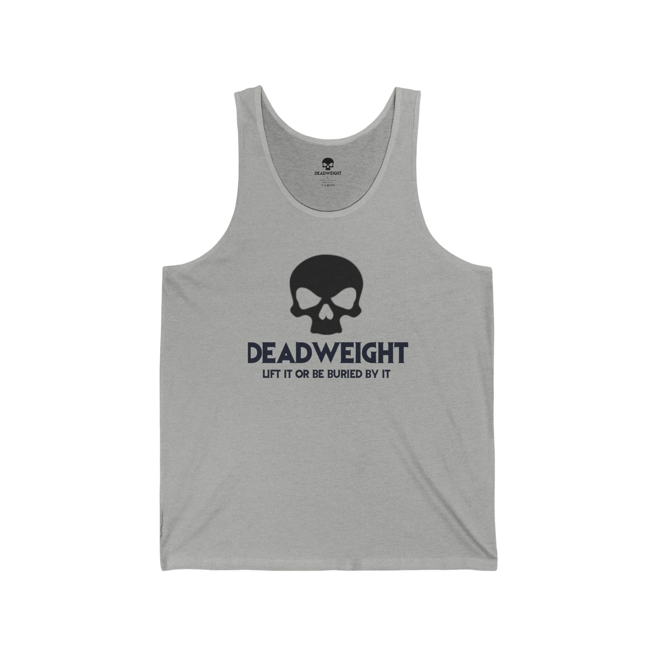 DailyThreadCo. grey cotton fitness tank top featuring a black skull graphic and Deadweight text on the chest.