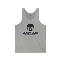 DailyThreadCo. grey cotton fitness tank top featuring a black skull graphic and Deadweight text on the chest.