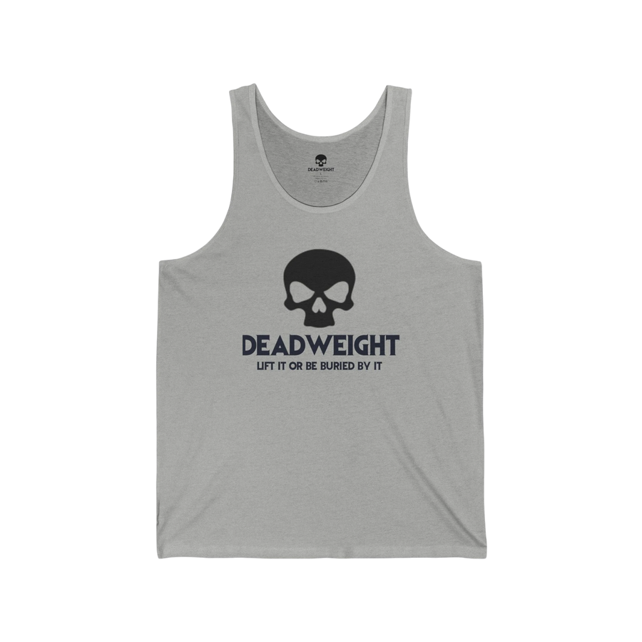 DailyThreadCo. grey cotton fitness tank top featuring a black skull graphic and Deadweight text on the chest.