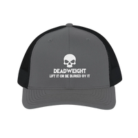 DailyThreadCo. grey trucker cap with a white skull logo and Deadweight text, featuring a breathable mesh back.