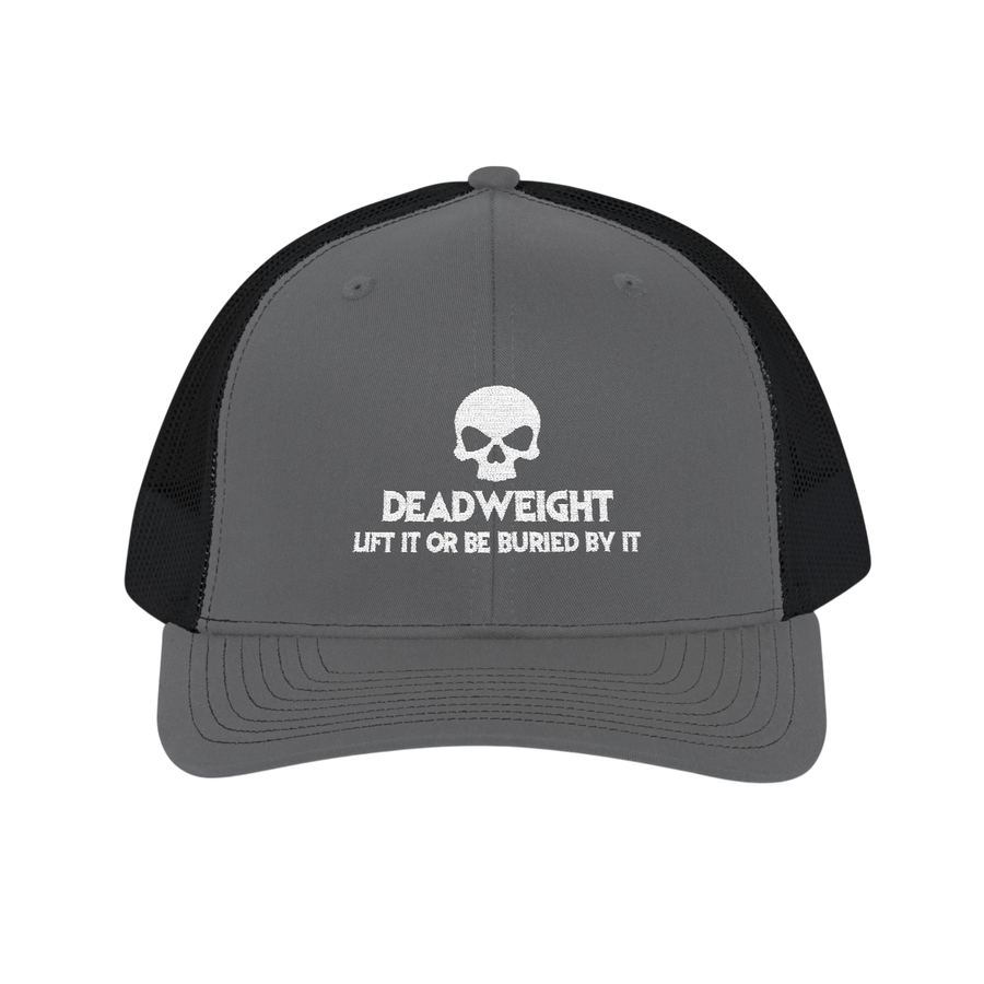 DailyThreadCo. grey trucker cap with a white skull logo and Deadweight text, featuring a breathable mesh back.