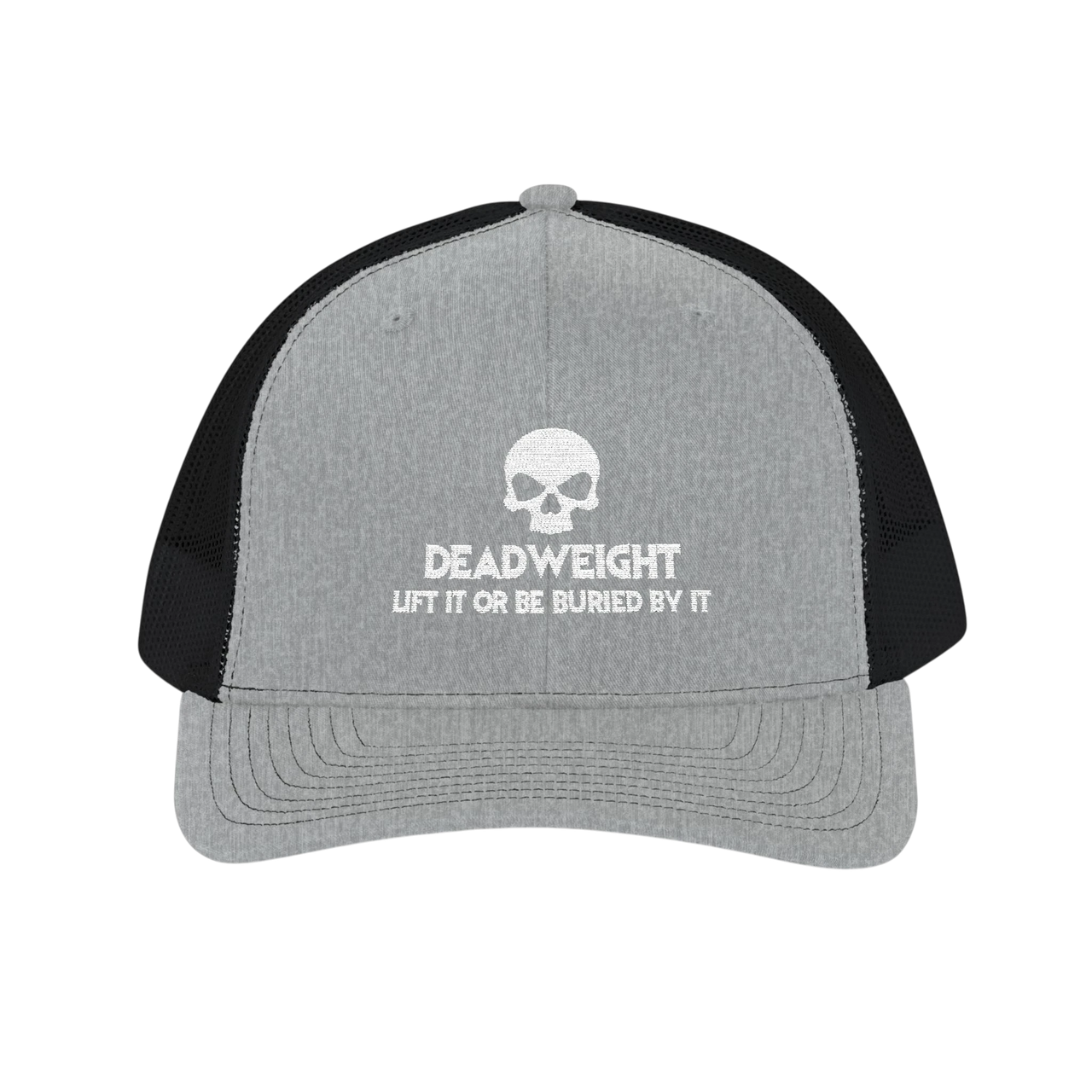 DailyThreadCo. grey and black trucker cap with a white skull logo and Deadweight text for gym and fitness training.