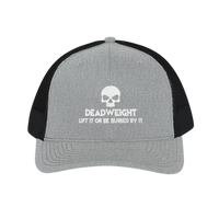 DailyThreadCo. grey and black trucker cap with a white skull logo and Deadweight text for gym and fitness training.
