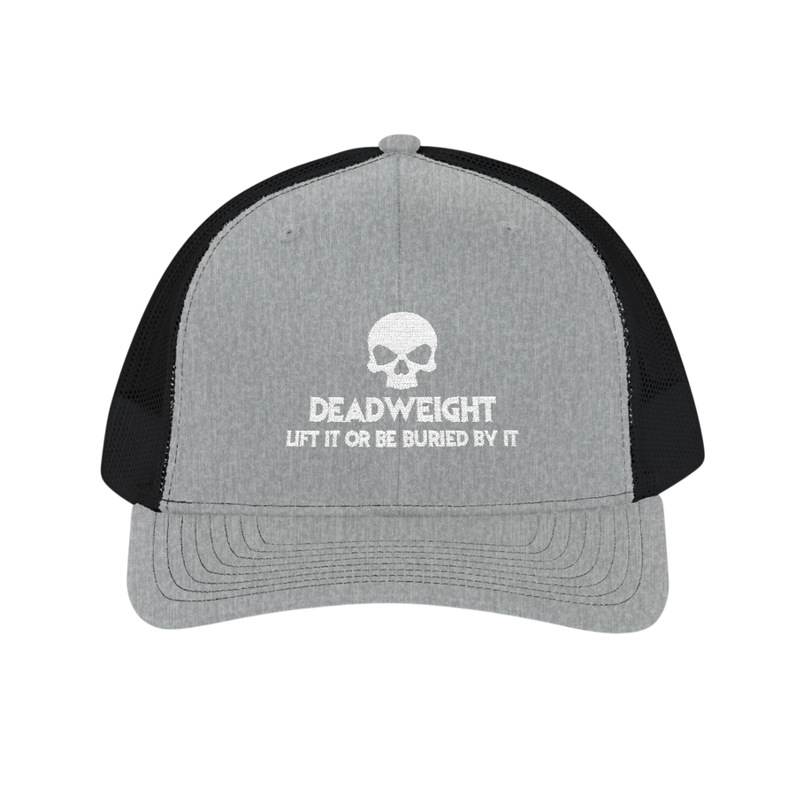 DailyThreadCo. grey and black trucker cap with a white skull logo and Deadweight text for gym and fitness training.