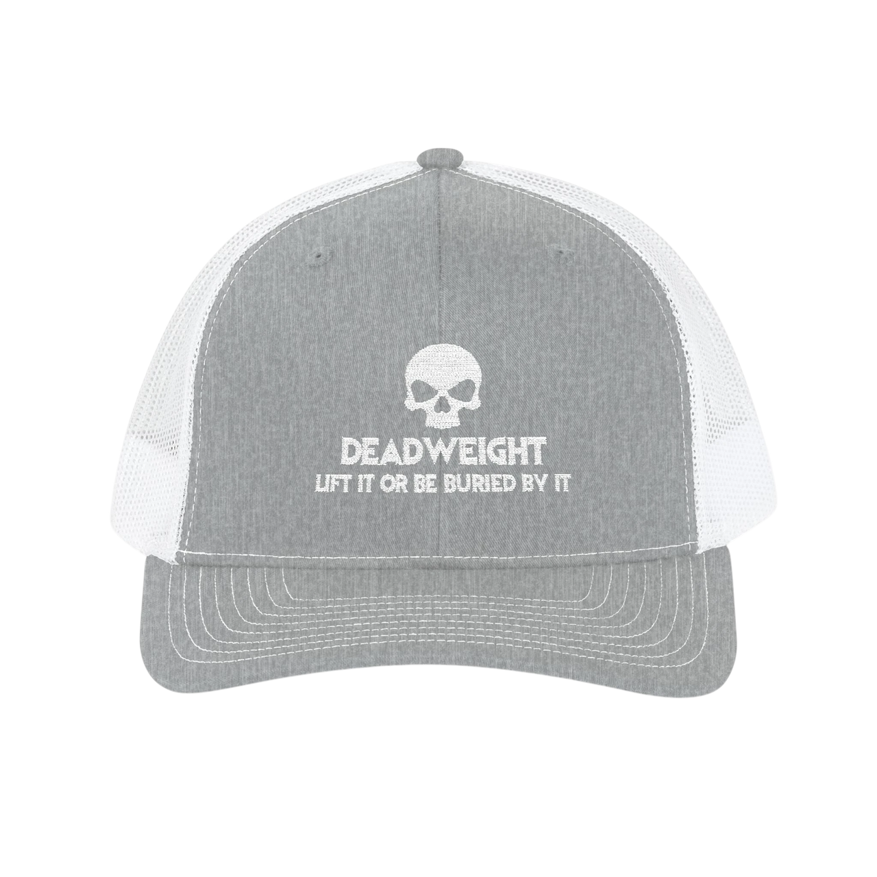 DailyThreadCo. grey and white trucker cap with a skull graphic and Deadweight text on the structured front panel.