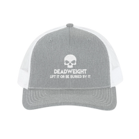 DailyThreadCo. grey and white trucker cap with a skull graphic and Deadweight text on the structured front panel.