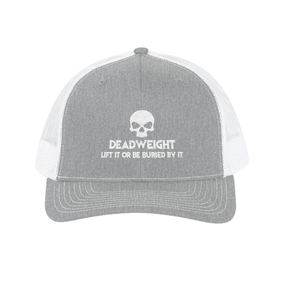 DailyThreadCo. grey and white trucker cap with a skull graphic and Deadweight text on the structured front panel.