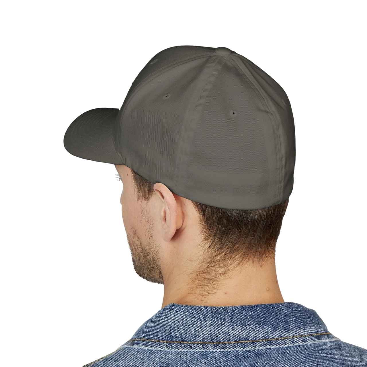 A man wearing a DailyThreadCo. grey structured six-panel FlexFit cap from the back, showing a clean, solid design.