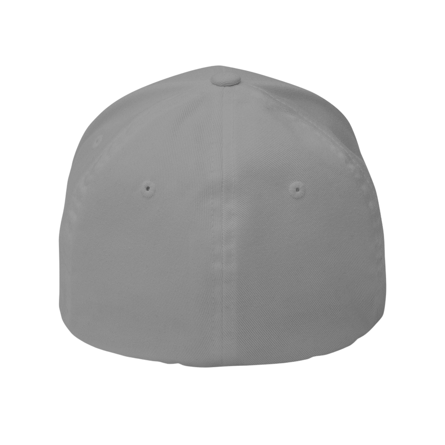 DailyThreadCo. structured six-panel FlexFit cap in solid grey twill fabric with embroidered eyelets.