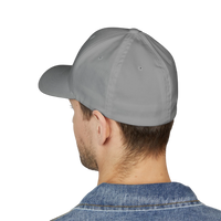 DailyThreadCo. grey structured FlexFit baseball cap with a closed back, worn by a man in a denim jacket.