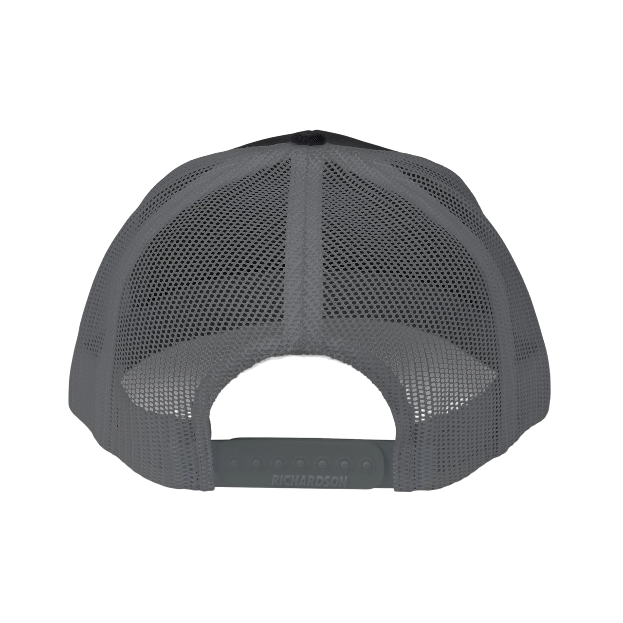 DailyThreadCo. grey trucker cap back view featuring breathable mesh panels and an adjustable plastic snapback closure.