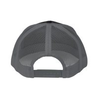 DailyThreadCo. grey trucker cap back view featuring breathable mesh panels and an adjustable plastic snapback closure.