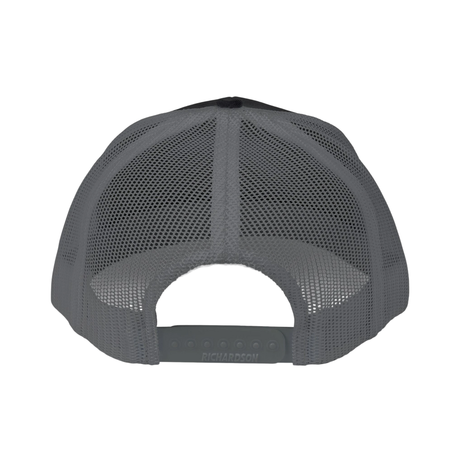 DailyThreadCo. grey trucker cap back view featuring breathable mesh panels and an adjustable plastic snapback closure.