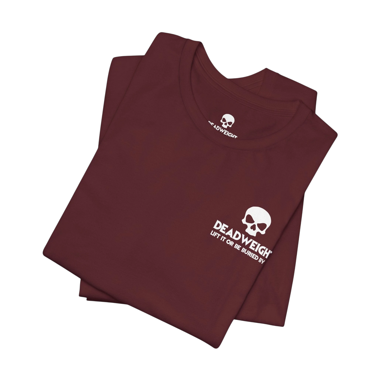 DailyThreadCo. maroon gym t-shirt with a white skull logo and motivational text on the chest, made of soft cotton.