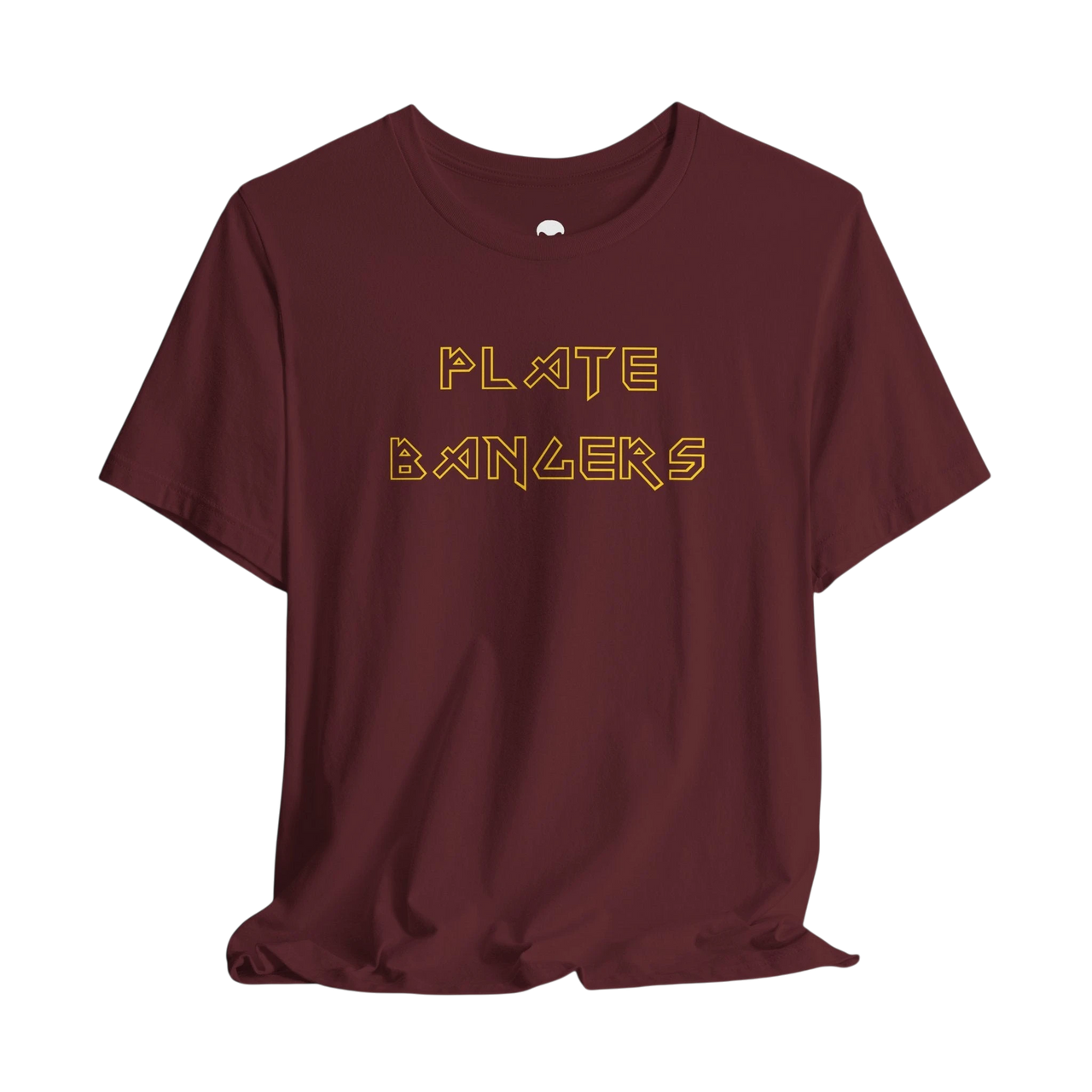 DailyThreadCo. maroon gym t-shirt with gold geometric Plate Bangers text on the chest, made of soft cotton.
