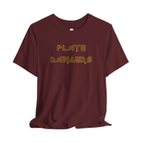 DailyThreadCo. maroon gym t-shirt with gold geometric Plate Bangers text on the chest, made of soft cotton.