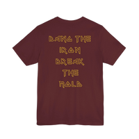 DailyThreadCo. maroon gym t-shirt with gold geometric text on the back reading Bang the Iron Break the Mold