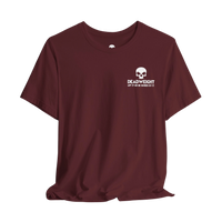 DailyThreadCo. maroon gym t-shirt with a white skull logo and Deadweight text on the chest, made of Airlume cotton.