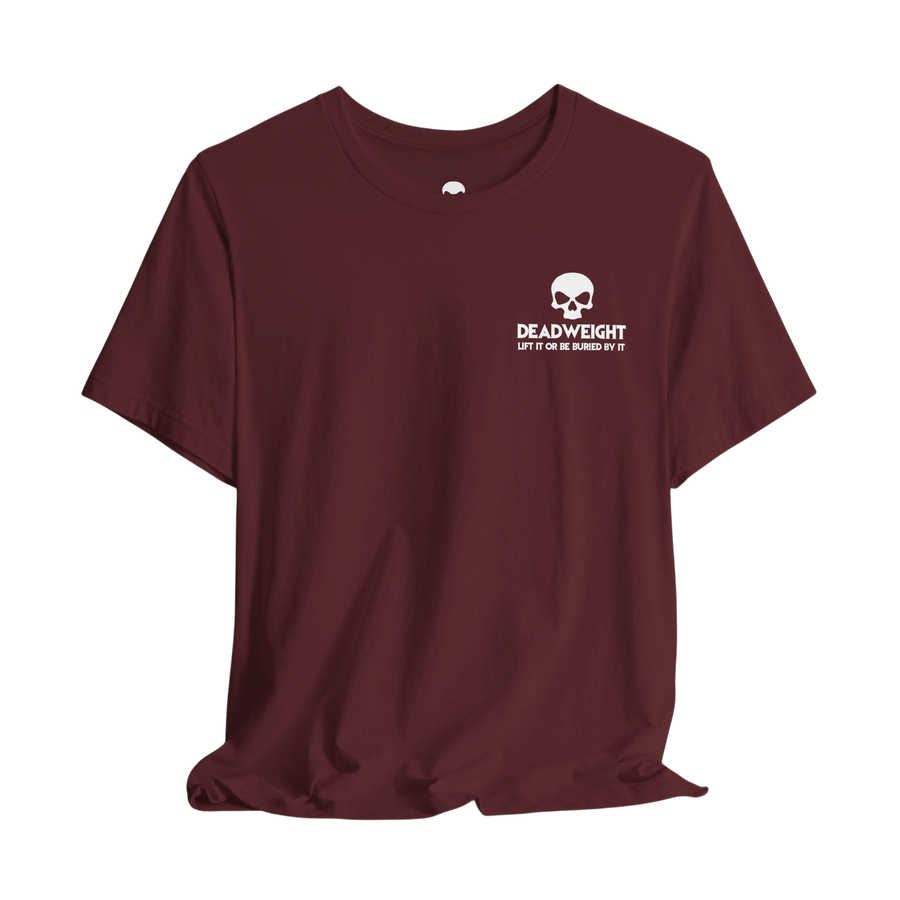 DailyThreadCo. maroon gym t-shirt with a white skull logo and Deadweight text on the chest, made of Airlume cotton.
