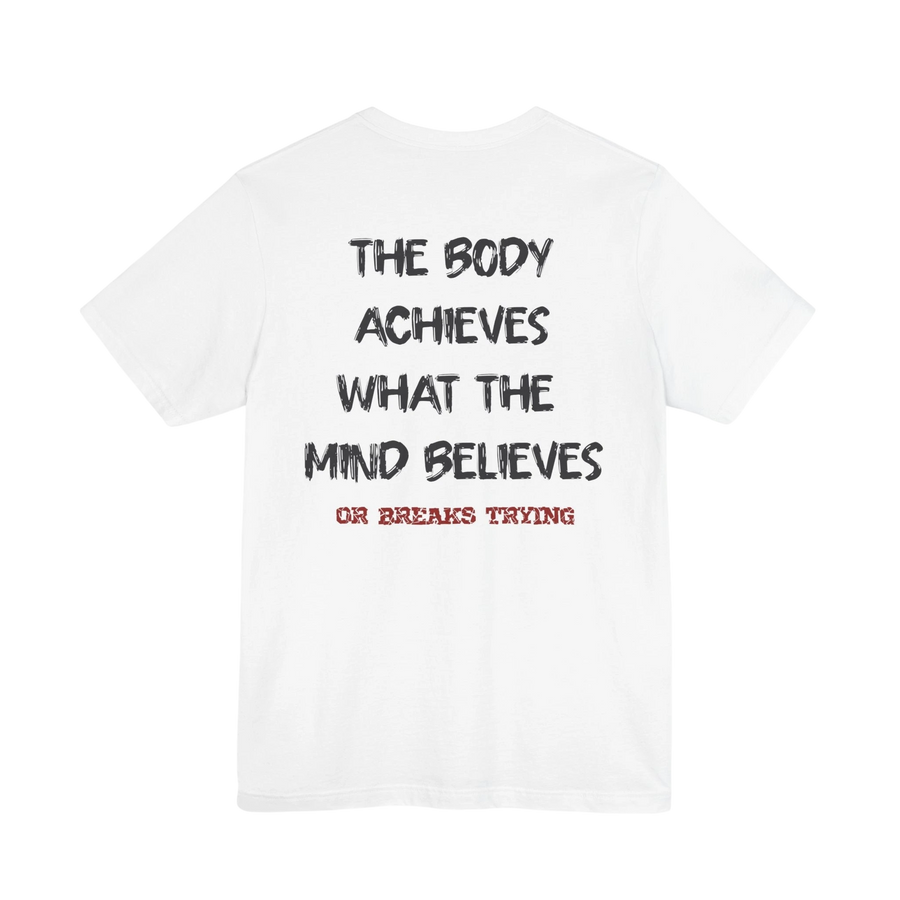 DailyThreadCo. white cotton gym t-shirt featuring a motivational quote printed on the back in black and red text.