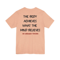 DailyThreadCo. peach-colored cotton gym t-shirt featuring a motivational quote printed on the back.