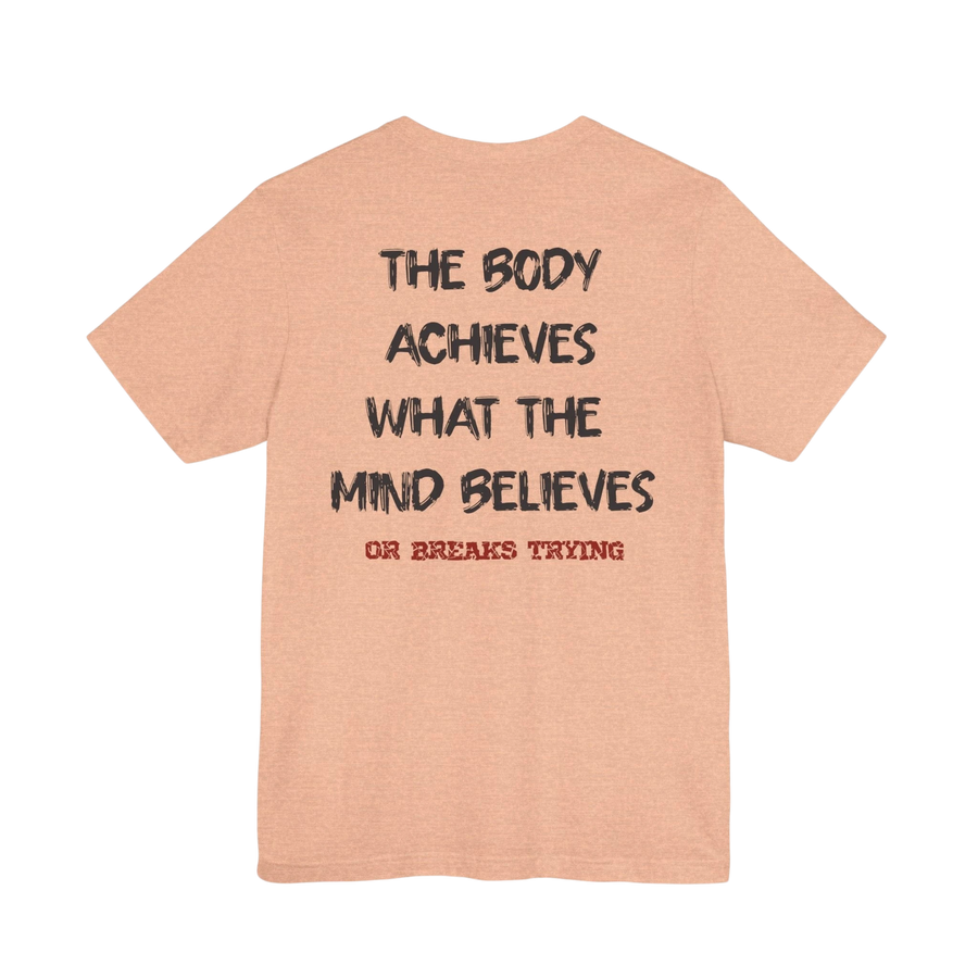 DailyThreadCo. peach-colored cotton gym t-shirt featuring a motivational quote printed on the back.