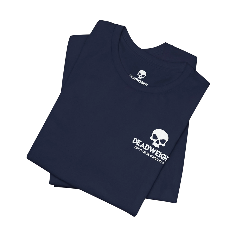 DailyThreadCo. navy blue cotton gym t-shirt with white skull chest logo and crew neck, folded flat.