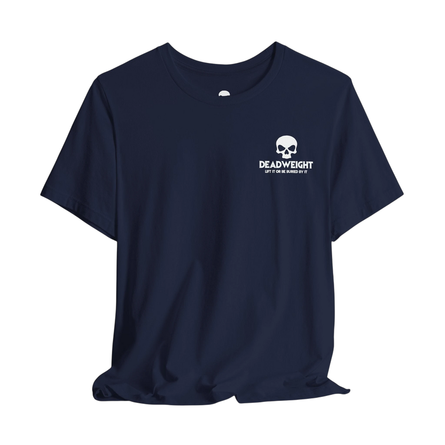 DailyThreadCo. navy blue cotton gym t-shirt with a white skull chest emblem and crew neckline.