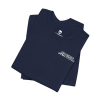 DailyThreadCo. navy blue cotton crew-neck t-shirt with white Plate Bangers chest logo graphic on black background.